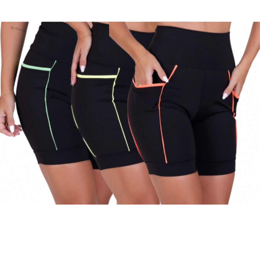 Kit PowerFit – 3 short Fitness com Bolsos e Cós Alto  ideal para Corrida