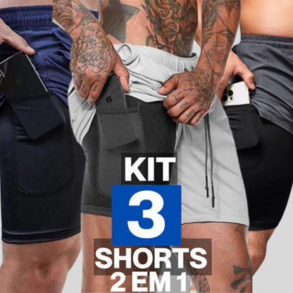 Kit 3 Shorts 2 em 1 Sport Fit - Bermuda + Shorts Interno Dry Fit com Proteção UV