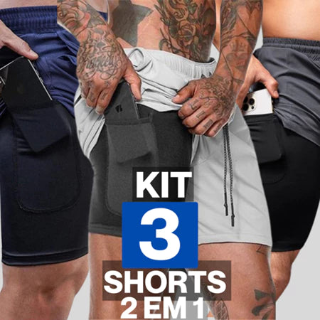 Kit 3 Shorts 2 em 1 Sport Fit - Bermuda + Shorts Interno Dry Fit com Proteção UV