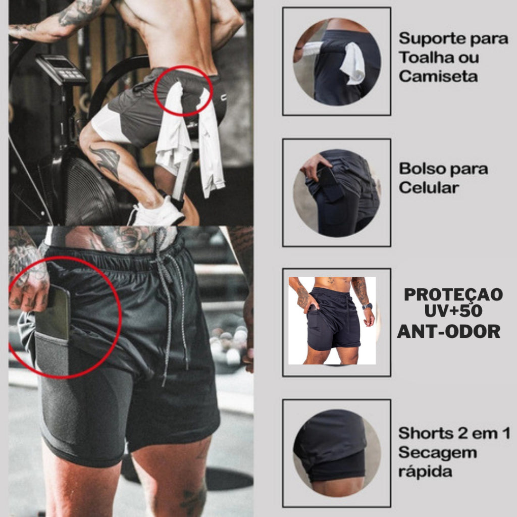 Shorts 2 em 1 Sport Fit - Bermuda + Shorts Interno Dry Fit com Proteção UV