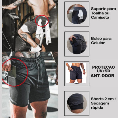 Shorts 2 em 1 Sport Fit - Bermuda + Shorts Interno Dry Fit com Proteção UV