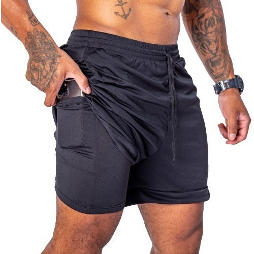 Shorts 2 em 1 Sport Fit - Bermuda + Shorts Interno Dry Fit com Proteção UV